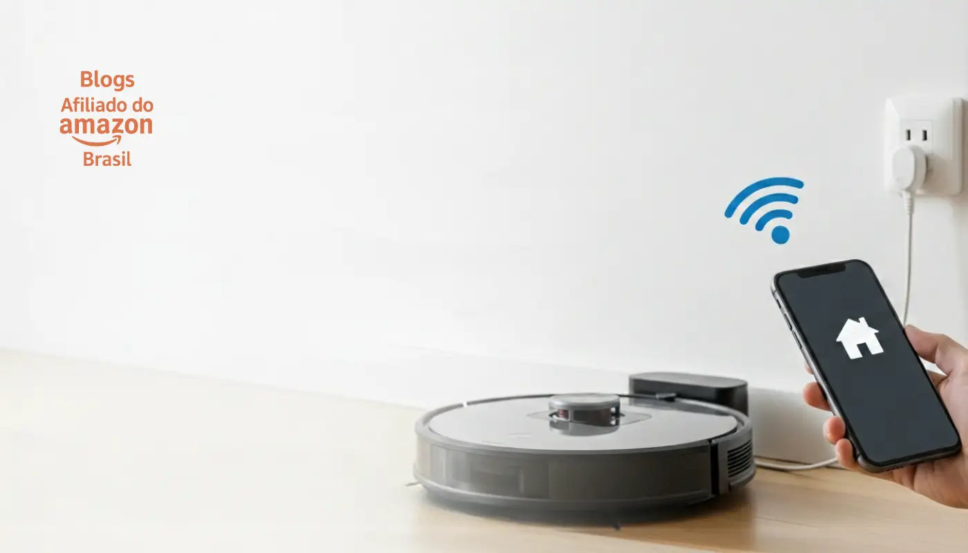 Imagem voltada para um robô aspirador de pó ou de uma tomada inteligente com um celular