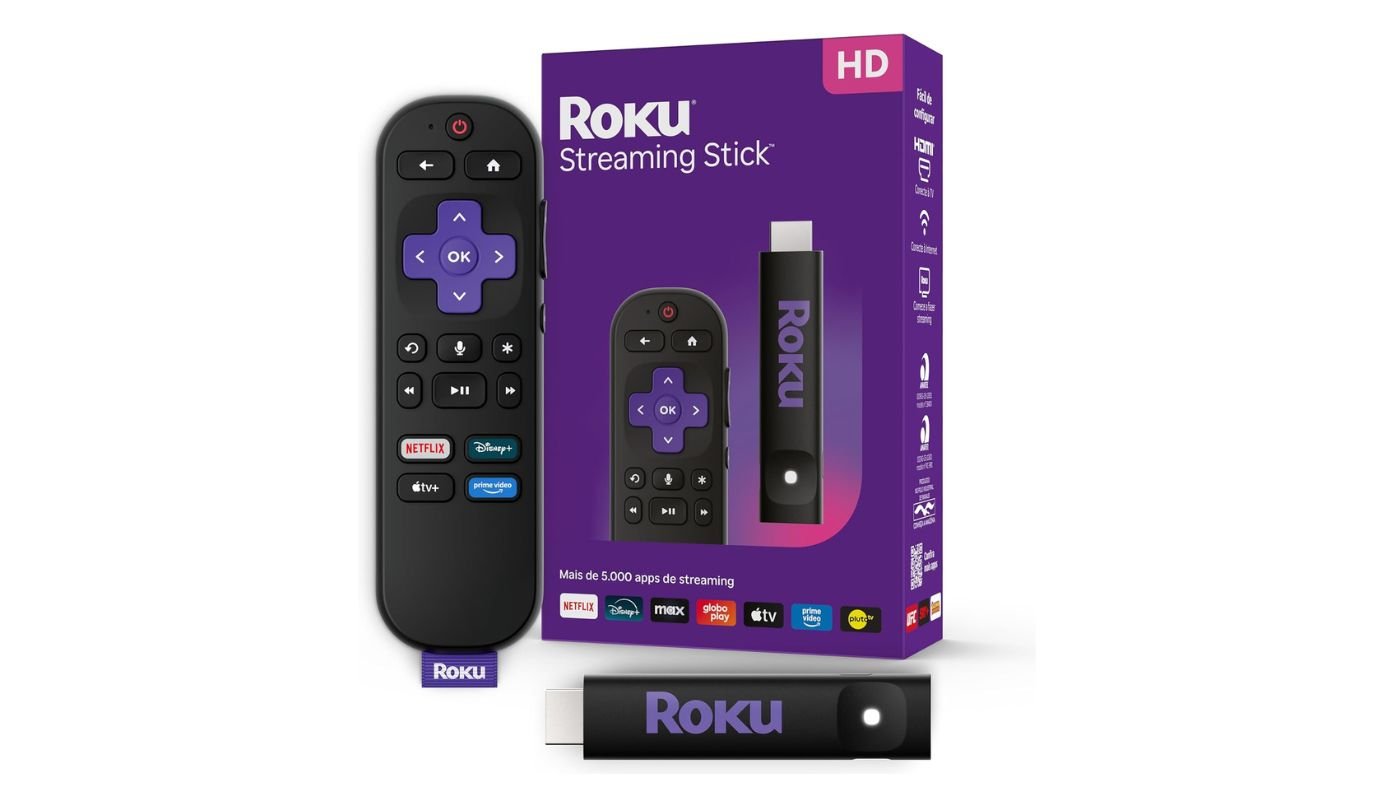 Roku Streaming Stick HD 2025 Dispositivo de streaming para TV HD FHD com controle remoto por comando de voz compatível com Alexa Siri e Google