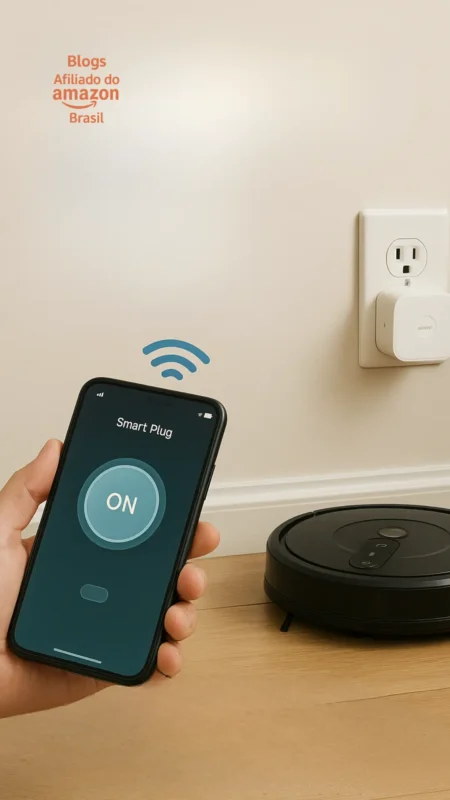 banners para celular voltada para um robô aspirador de pó ou de uma tomada inteligente com um celular controlando-a, ilustrando a facilidade.